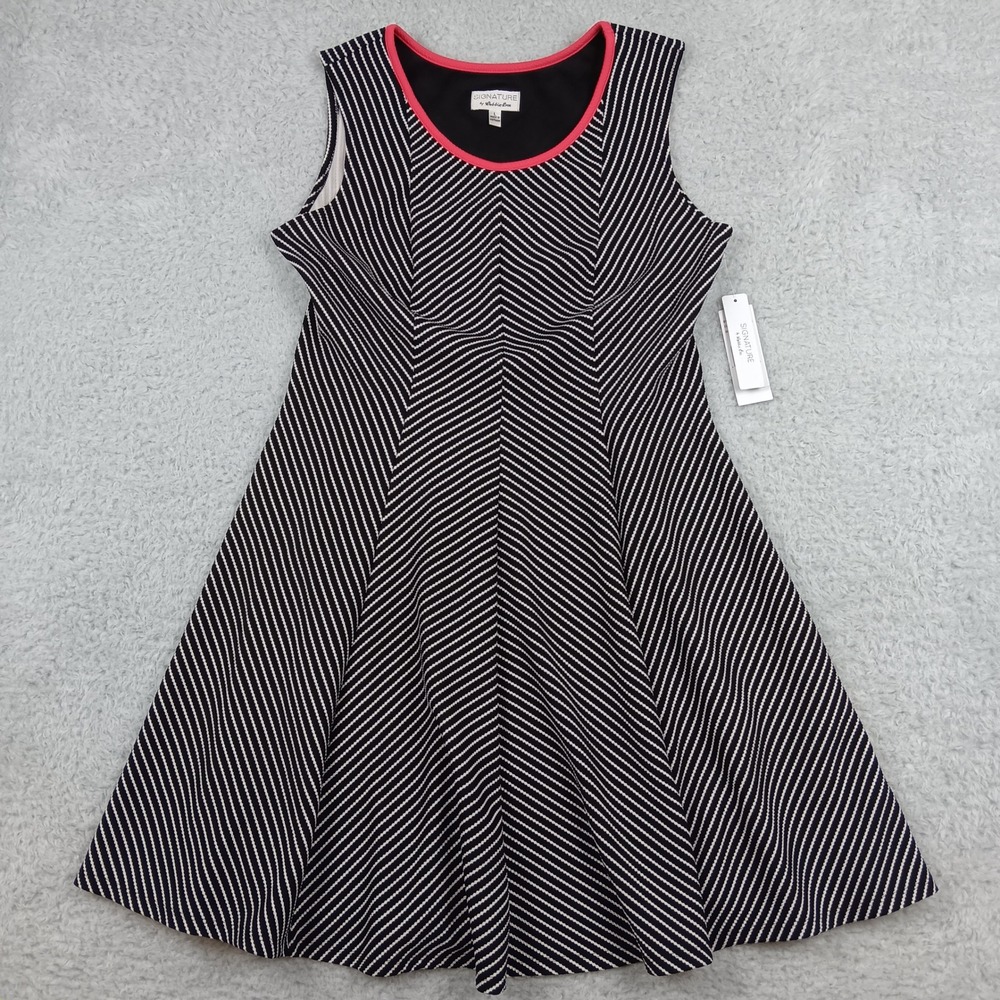Signature by Robbie Bee Dress Women L Black White Chevron Stripe RB61032